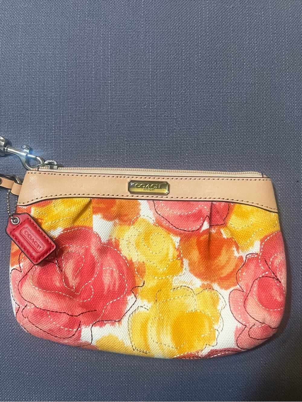 Coach Floral Canvas Wristlet in Pink, Yellow and Tan Trim